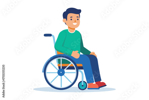 Smiling Asian man sits in his wheelchair with a cheerful demeanor and confident posture