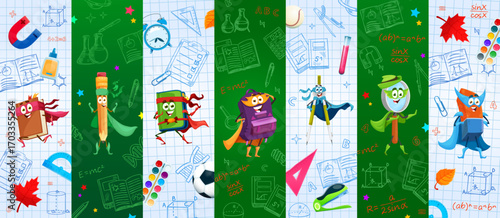 Cartoon school books and stationery superhero characters collage with funny textbook, pencil, backpack, compass, ruler, eraser and magnifier personages set against math and science blackboard doodles