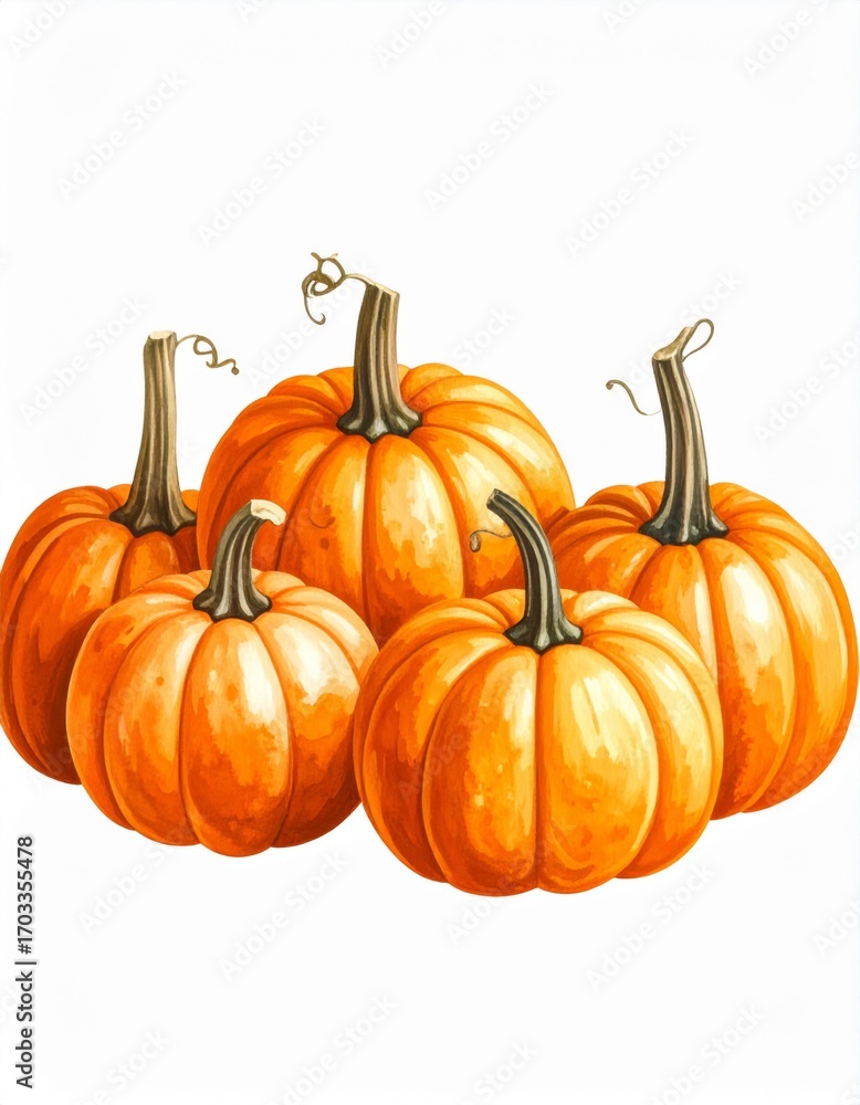 Obraz premium Five Orange Pumpkins Grouped Together Against a White Background Representing Autumn and Thanksgiving