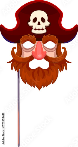 Caribbean pirate bearded face in tricorn hat photo booth mask. Caribbean pirate captain vector face mask. Kids photo booth prop with redhead corsair sailor face beard and mustaches, tricorn hat