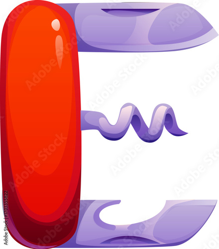 Summer vacation travel cartoon font swiss knife letter E. Resort trip kids ABC type element, tourist leisure vector English alphabet typeface letter. Summer vacation typeset symbol or font sign