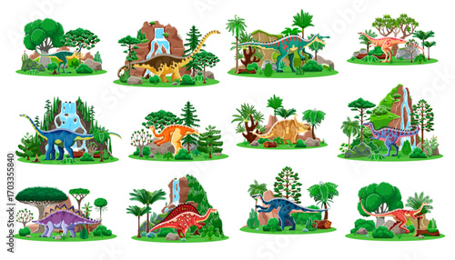Prehistoric dinosaur characters of cartoon dino animals and reptiles. Vector jungle nature landscapes set with jurassic dinosaurs, jungle forest trees, mountains, waterfalls and green plants