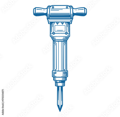 Detailed blue line art illustration of a heavy duty construction jackhammer tool