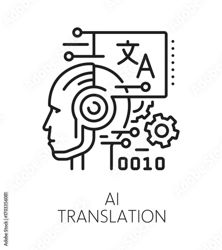 English language AI translation line icon or sign. Translation linear vector icon, foreign speech translate pictogram. English language vocabulary symbol with artificial intelligence bot or robot head