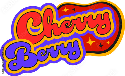 Fast food cherry berry vintage Y2K sticker or patch. Takeaway restaurant hippie vector sticker, street food menu vintage funky label. Fast food cafe tag or patch with vintage colorful typography