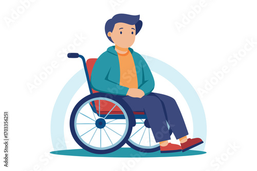 Young man with dark hair sits calmly in a wheelchair, wearing a blue jacket