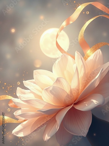Close-up of a delicate flower with petals glowing under warm sunlight, surrounded by glimmering golden elements and sparkling particles