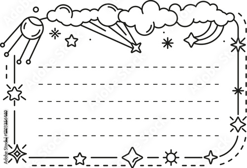 Space galaxy stars kids memo note template. Kids memo note frame, child scrapbook linear vector page. Children diary or schedule To Do list template with shooting stars, cloud and artificial satellite