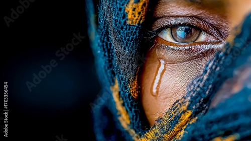 Close-up of tearful eyes in torchlight, grief and sorrow