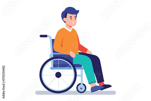 Cartoon man sits peacefully within a blue wheelchair while looking forwards intently