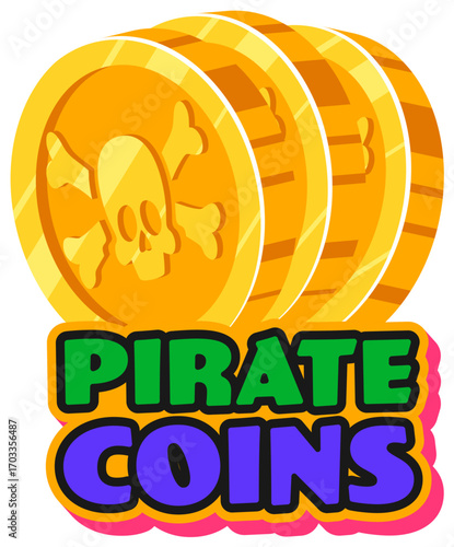 Pirate golden coins vintage Y2K sticker or label. Piracy and marine retro tag, pirate treasure hunting Y2K vector patch. Filibuster sailing label with human skull on treasure golden coins