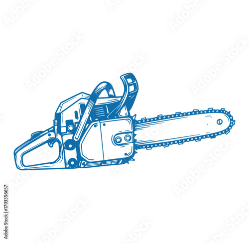 Detailed blue vector illustration of a chainsaw with an engraved hand drawn style