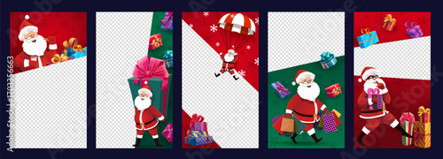 Christmas social media templates with cartoon cheerful Santa Claus characters, vector greetings. Christmas and New Year winter holiday social media post templates with happy Santa carrying gifts