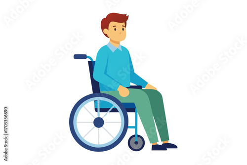 Fair skinned male wearing a blue shirt sits calmly in his wheelchair indoors