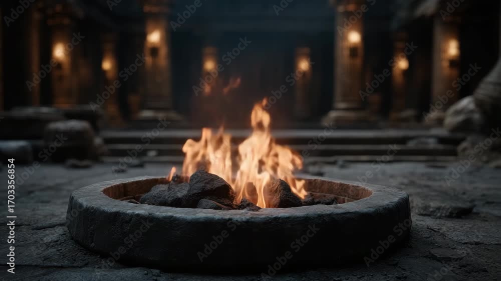 Ancient stone fire pit with burning flames in dark historic temple ...