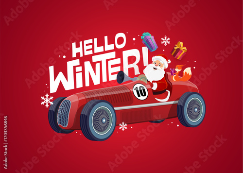 Hello winter Christmas quote and greeting card with Santa on sport car, cartoon vector. Christmas quote and New Year winter holiday greeting card with happy Santa, gifts and squirrel in snowflakes