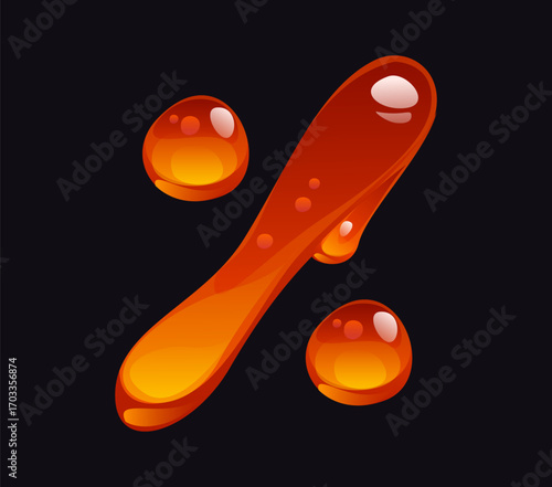 Flowing honey cartoon font punctuation percent symbol. Tasty amber flow English type symbol, sweet honey vector kid ABC typeset sign. Liquid caramel English alphabet element or candy cartoon font mark