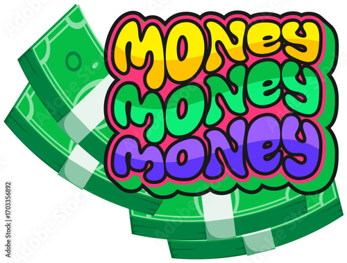 Jackpot money casino gamble Y2K groovy sticker. Casino game groovy vector tag, Vegas fortune 60s patch. Poker luck Y2K label or sticker with dollar bills packs and colorful typography