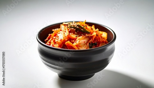 Fototapeta Naklejka Na Ścianę i Meble -  Authentic kimchi in a black bowl with sesame seeds on a white background