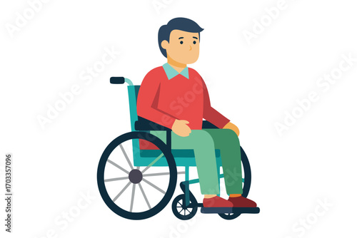 Young man in wheelchair with red sweater and green pants is looking ahead