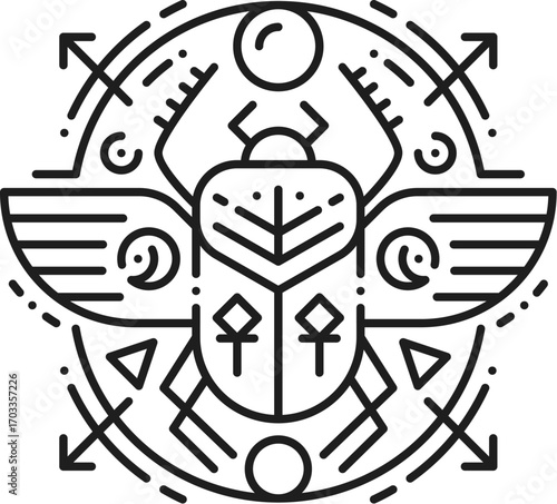 Egyptian scarab beetle esoteric line tattoo. Egypt culture esoteric linear vector sign, egyptian history tarot outline symbol. Africa mythology outline tattoo or print with Khepri God sacred insect