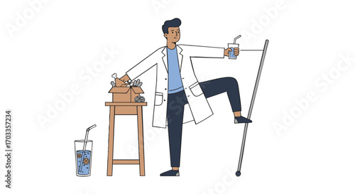 A scientist in a lab coat balancing precariously on a crutch while holding various items, illustrating a humorous take on scientific endeavors and challenges