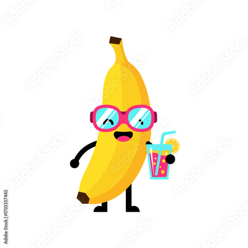 Funny cartoon banana character wearing sunglasses holding a refreshing drink.