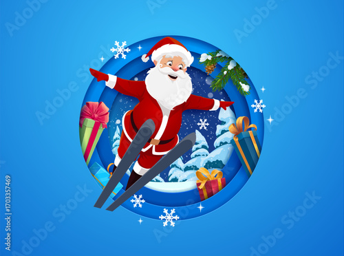 Merry Christmas paper cut banner with Santa on skis for winter holidays, cartoon vector. Christmas and New Year greeting card, Santa jumping on skis with gifts and snow in paper cut winter forest