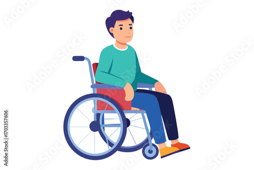 Smiling young adult is sitting in a modern wheelchair looking calmly ahead with a smile