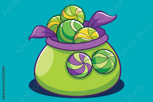 Illustration of a bulging sack overflowing with gold coins and precious gems symbolizing wealth and treasure