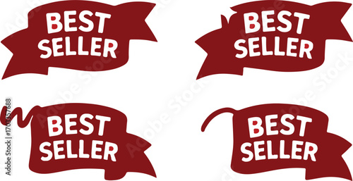 Red best seller ribbon with golden stars transparent background vector with on white background