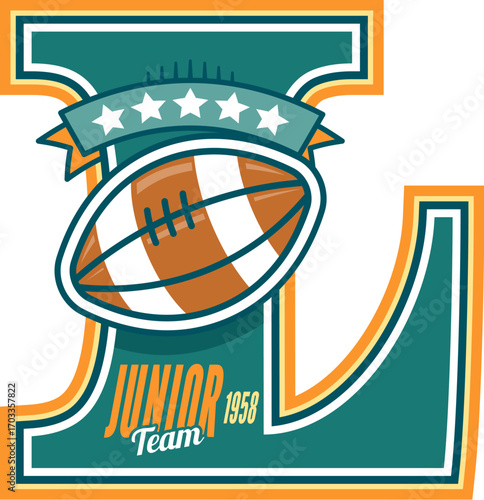 American varsity sport letter L, college champion patch label. Campus champion typography vector patch, athletic team retro print. Varsity sport league label with american football or rugby ball