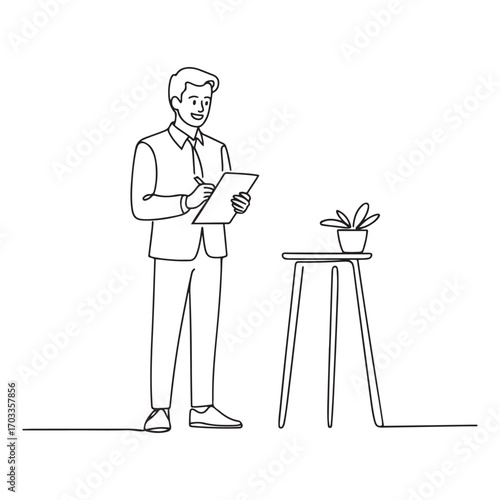 One single line Art drawing of young happy male worker standing while write business lesson from mentor on paper at clipboard. with white background