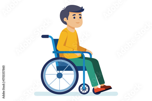 Young patient in a wheelchair smiles slightly while sitting on a white background