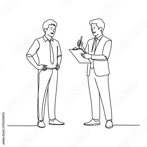 One single line Art drawing of young happy male worker standing while write business lesson from mentor on paper at clipboard. with white background