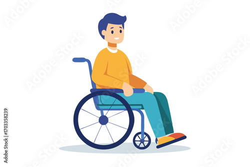 Smiling Caucasian man sits relaxed in his blue wheelchair on a clean white background
