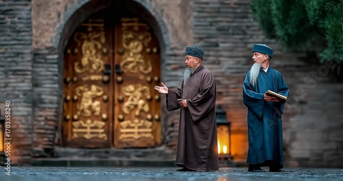Wallpaper Mural Man bargaining with official at courtyard gate under torchlight Torontodigital.ca