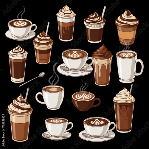 Collection of Delicious Coffee Drinks with Cream and Swirls.