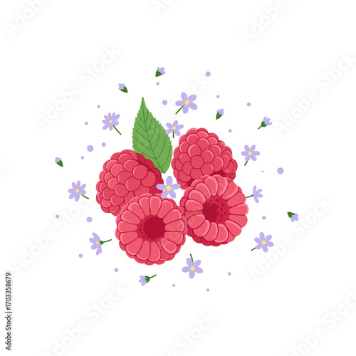Fresh Ripe Raspberries with Delicate Purple Flowers and Green Leaf.