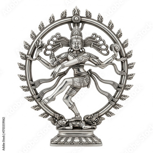 Minimal polished silver Lord Nataraj idol with flame halo isolated on white