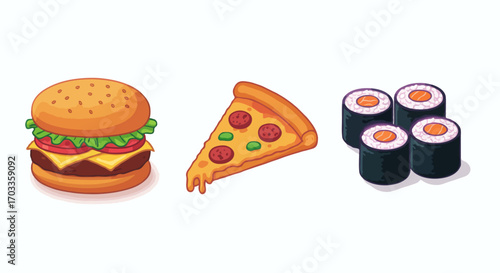 Burger, Pizza, and Sushi An Assortment of Delicious Fast Food Selections