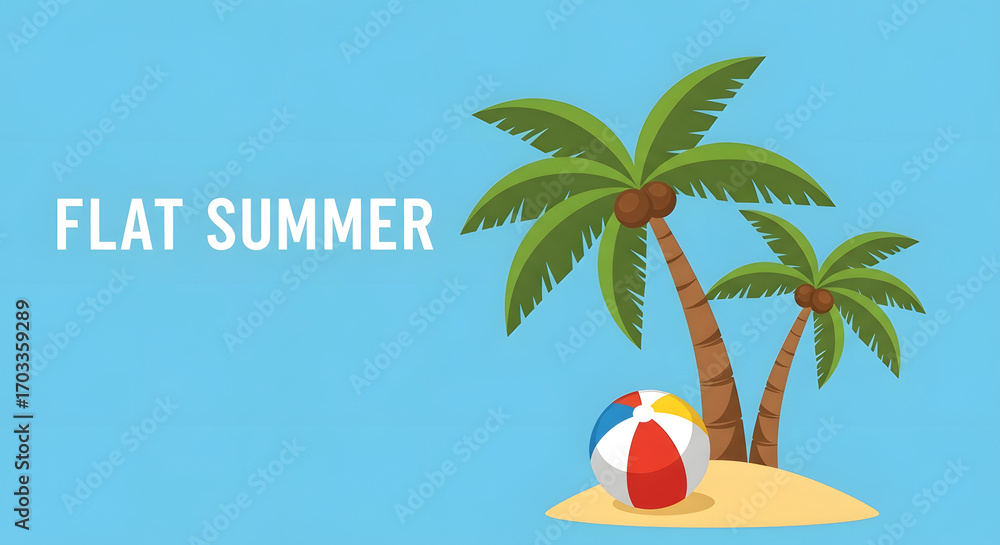 Fototapeta premium Flat summer with palm trees and a beach ball on a sandy island, representing vacation and leisure