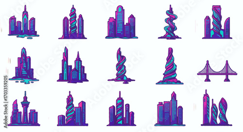 Vibrant pixel art city skylines and futuristic architectural designs, a collection of urban landscapes in purple and blue tones
