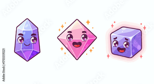 Adorable cartoon gems and crystals with cheerful expressions, sparkling brightly and radiating joy on a clean white background