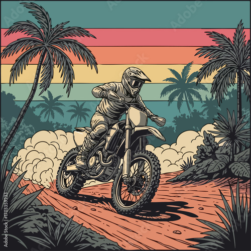 Motocross Rider in Tropical Setting, Adventure and Thrill.
