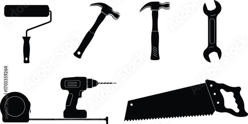 Black silhouette set of hand tools including hammer, saw, wrench, paint roller, tape measure, drill, woodworking, construction, repair, DIY, maintenance, handyman, equipment, toolkit, carpentry.