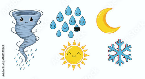 A charming collection of cute kawaii weather icons and graphic elements. Adorable smiling sun, moon, storm, and rain characters