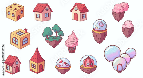 Collection of cute fantasy game assets with floating islands and whimsical houses vector illustration set