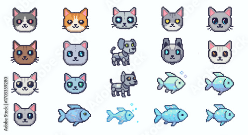 Pixel art animal icon collection charming cats, robotic dogs, and stylized fish. Perfect digital assets for retro games and creative graphic design