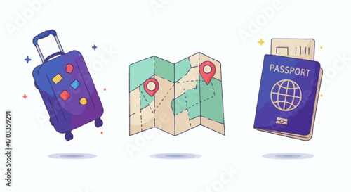 Vibrant collection of illustrated travel and vacation icons including a suitcase, map, and passport